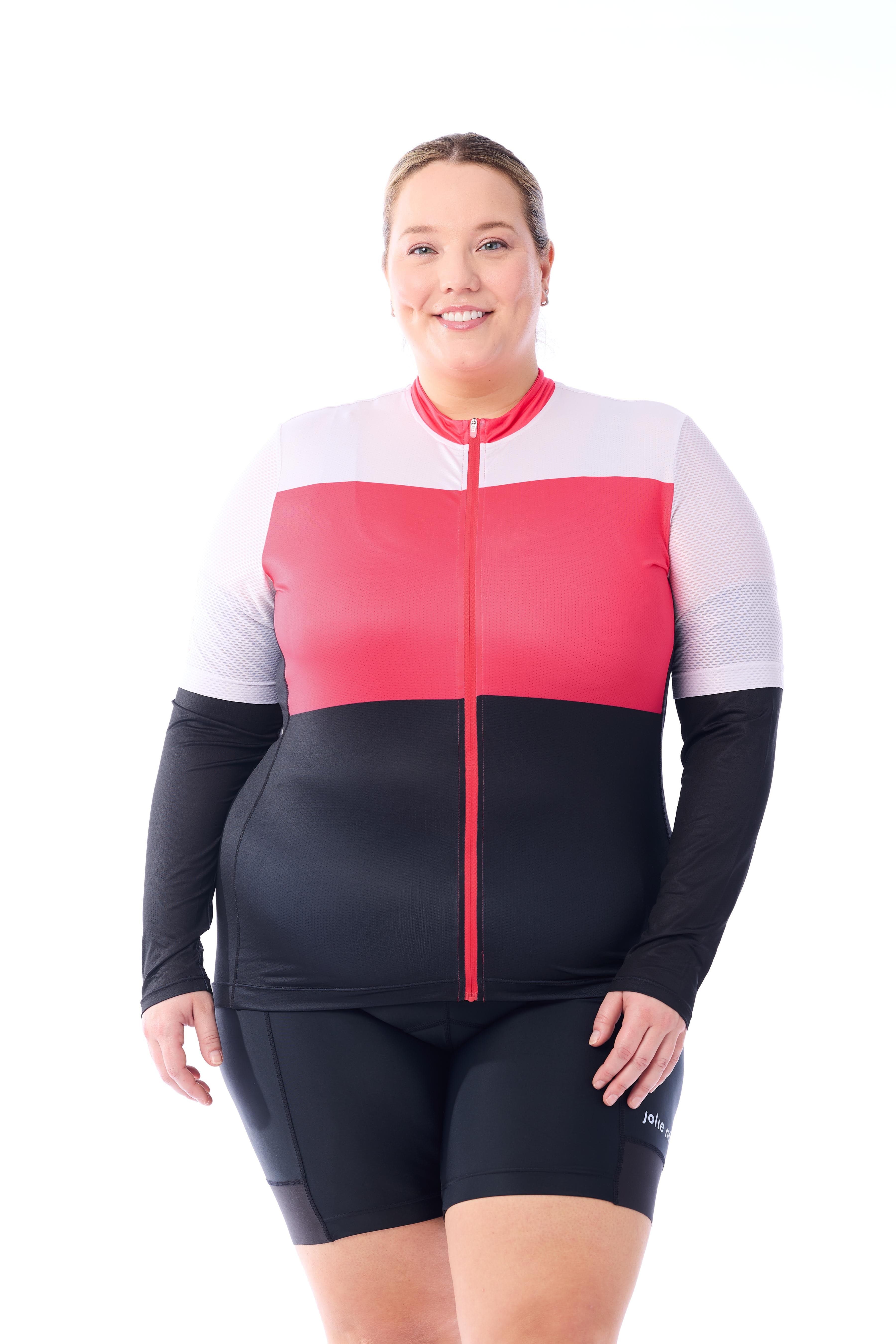 JolieRide size + women's colorblock cycling jersey with UV protection, breathability, and storage