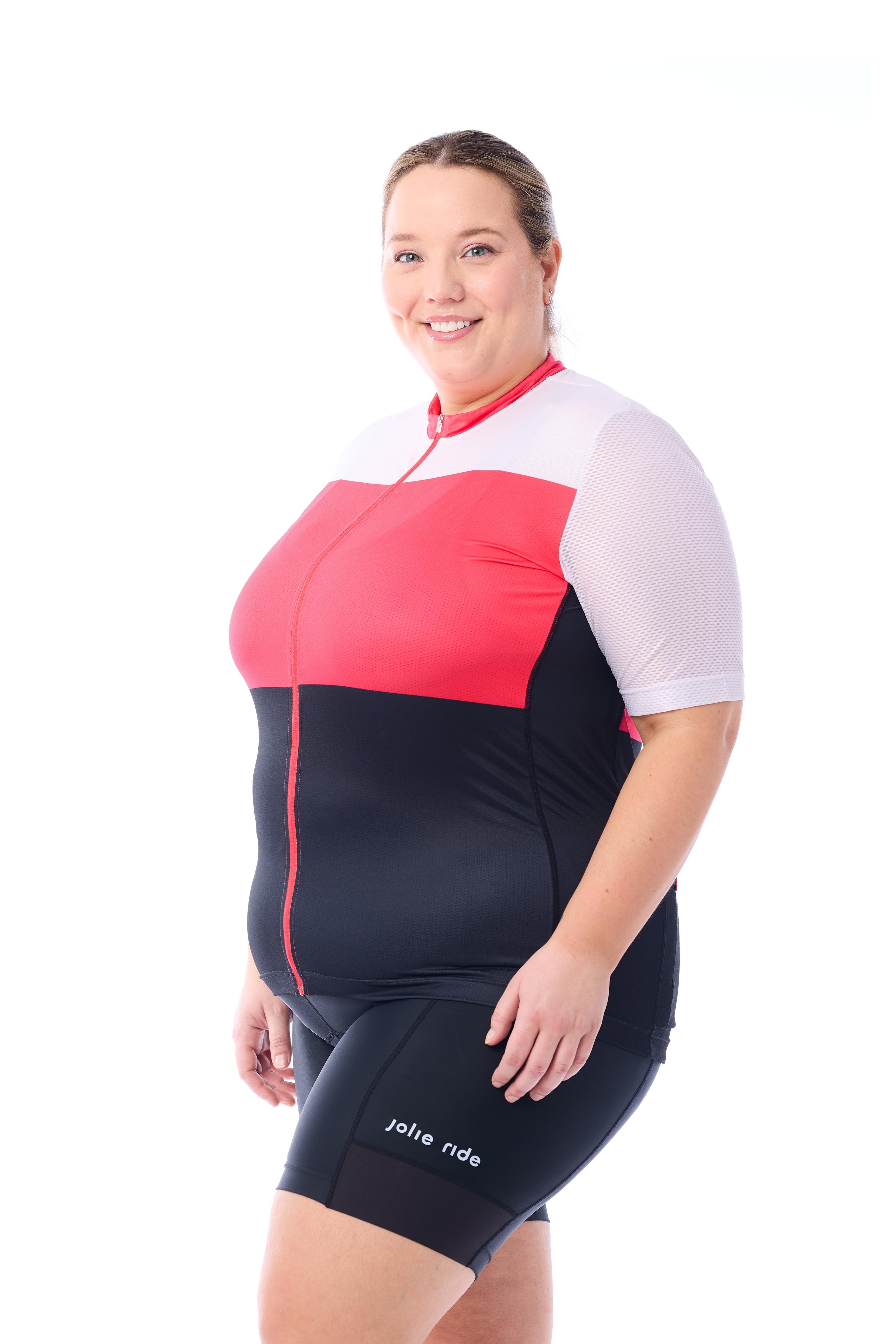 JolieRide size + women's colorblock cycling jersey with UV protection, breathability, and storage